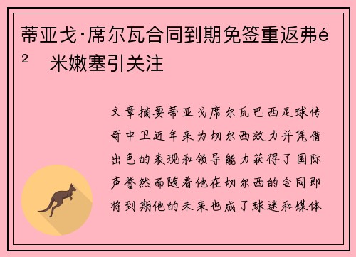 蒂亚戈·席尔瓦合同到期免签重返弗鲁米嫩塞引关注 蒂亚戈·席尔瓦合同到期免签重返弗鲁米嫩塞引关注