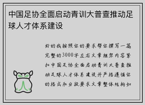 中国足协全面启动青训大普查推动足球人才体系建设